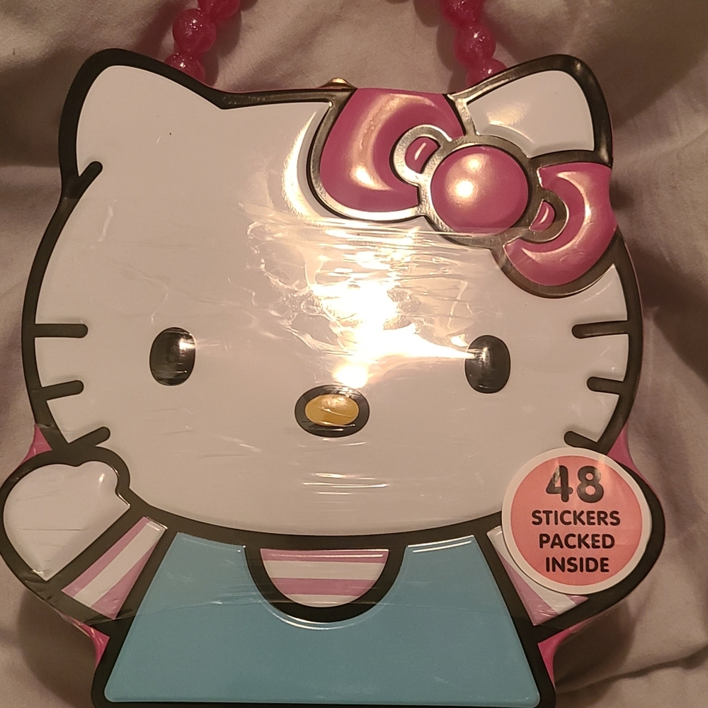 Sanrio Hello Kitty Tin Box Carrying Case with Beaded Handle New with 48 Stickers